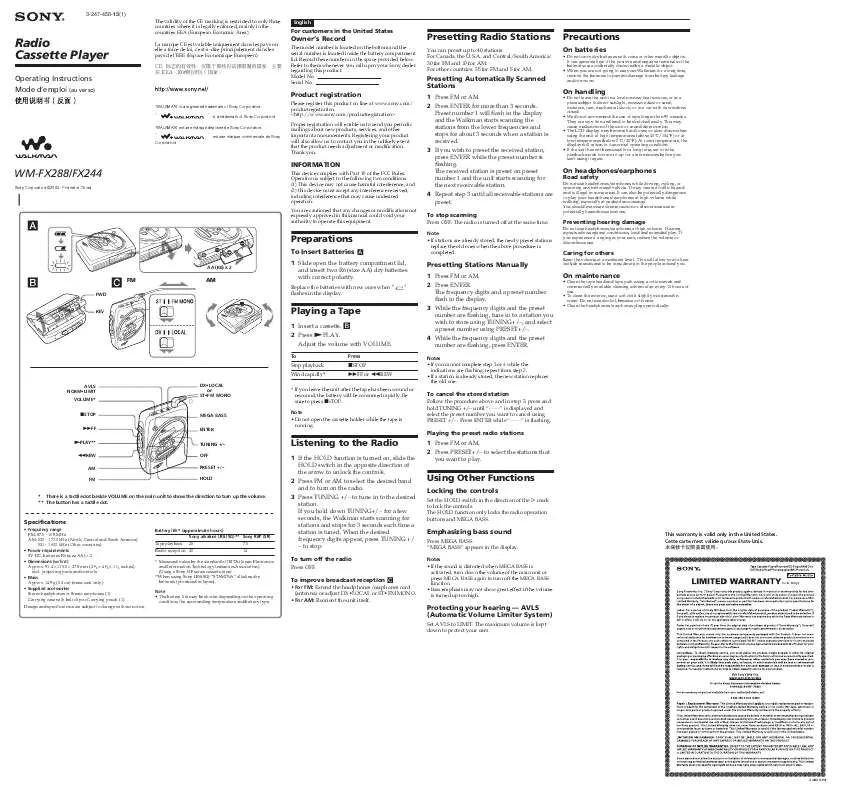 Mode d'emploi SONY WM-FX244