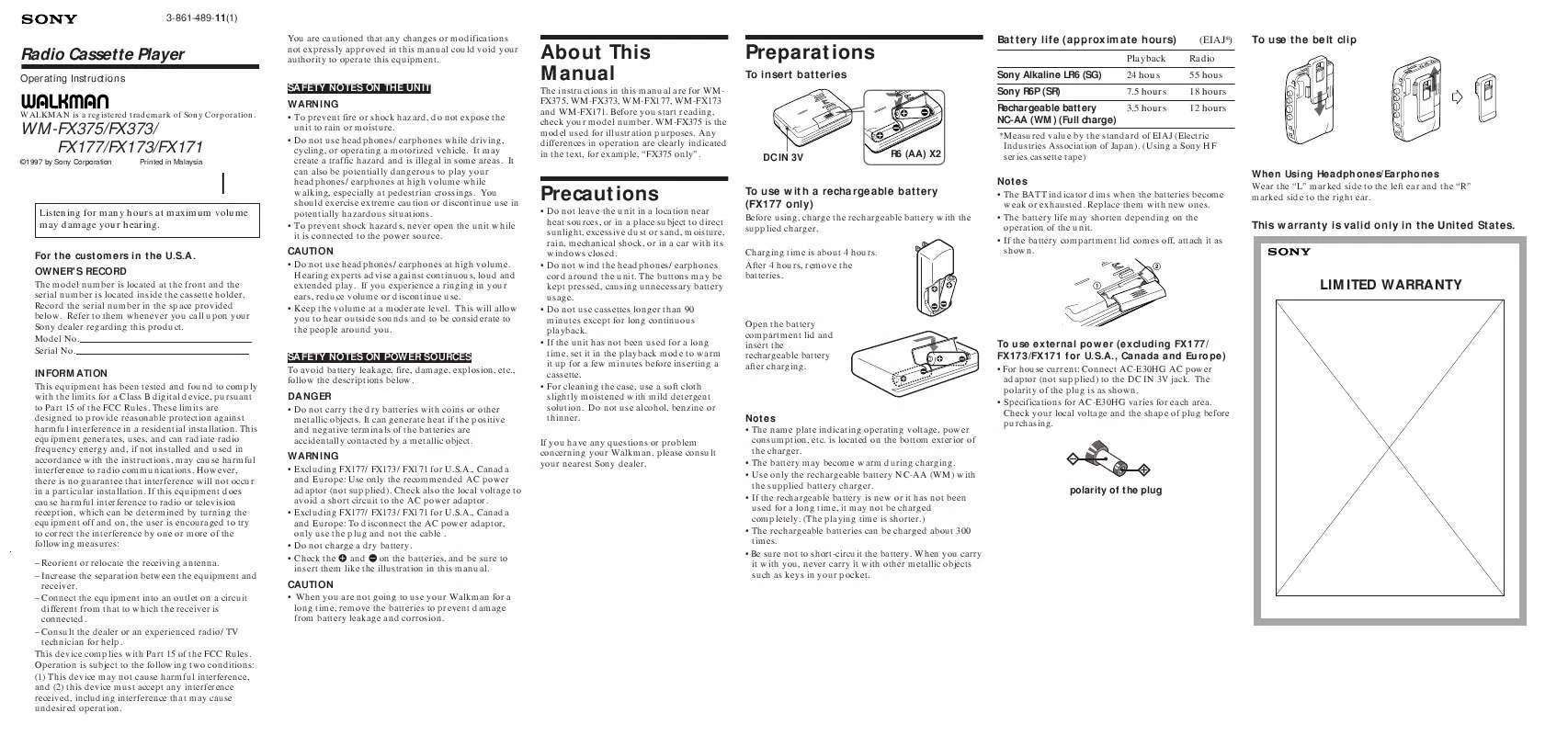 Mode d'emploi SONY WM-FX373