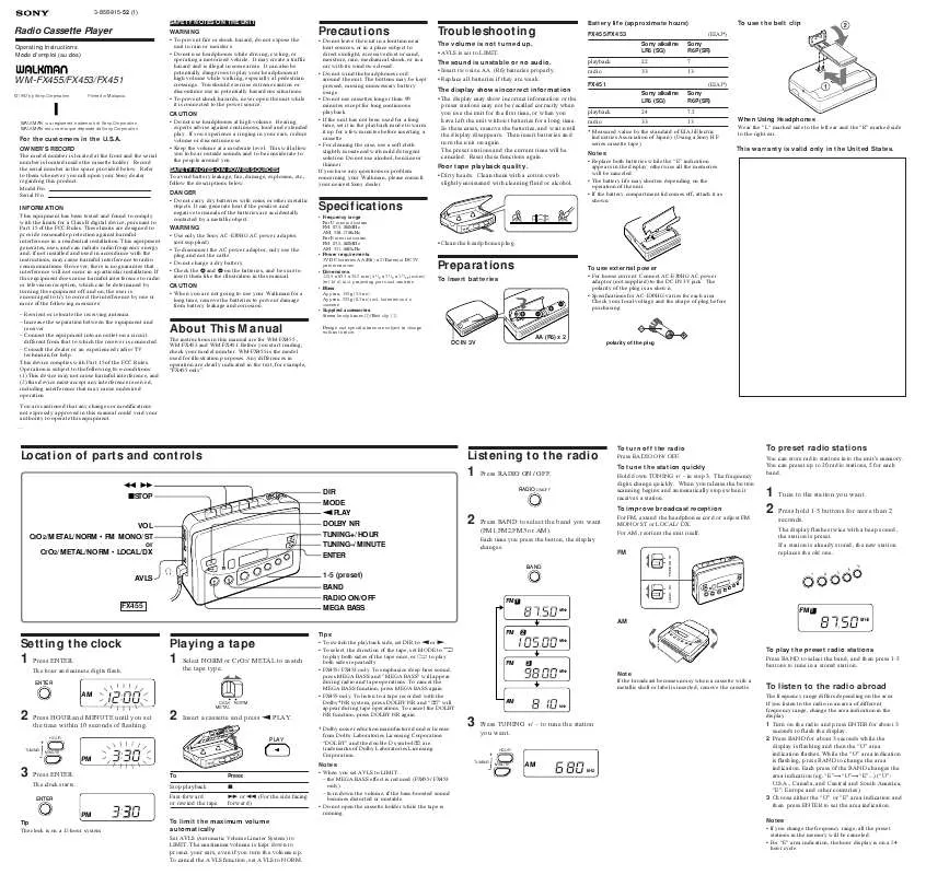 Mode d'emploi SONY WM-FX453