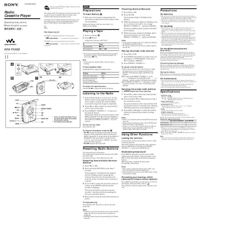 Mode d'emploi SONY WM-FX488