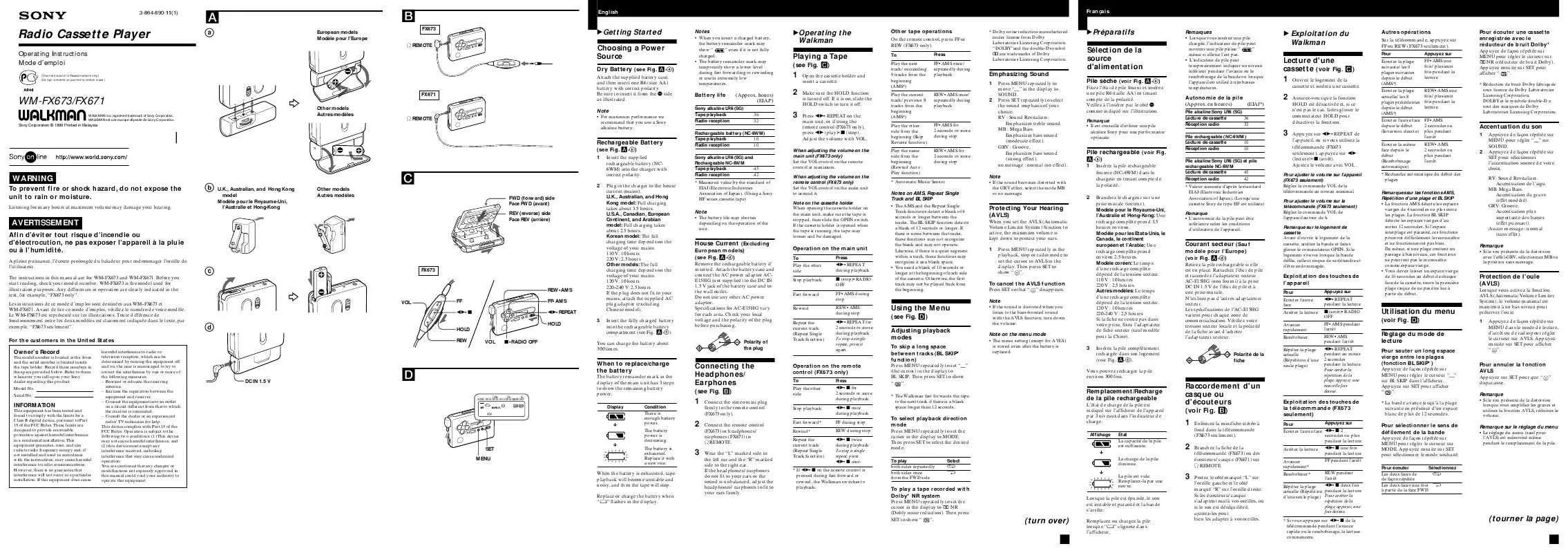 Mode d'emploi SONY WM-FX671