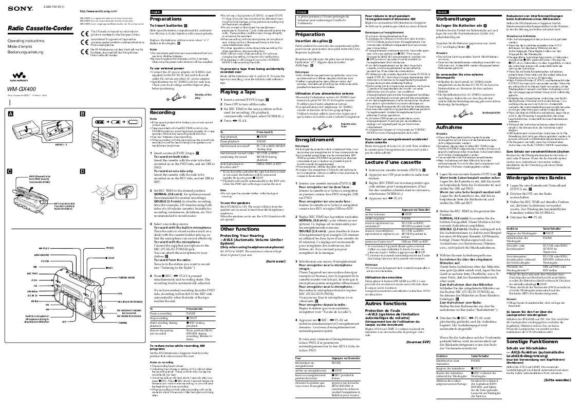 Mode d'emploi SONY WM-GX400