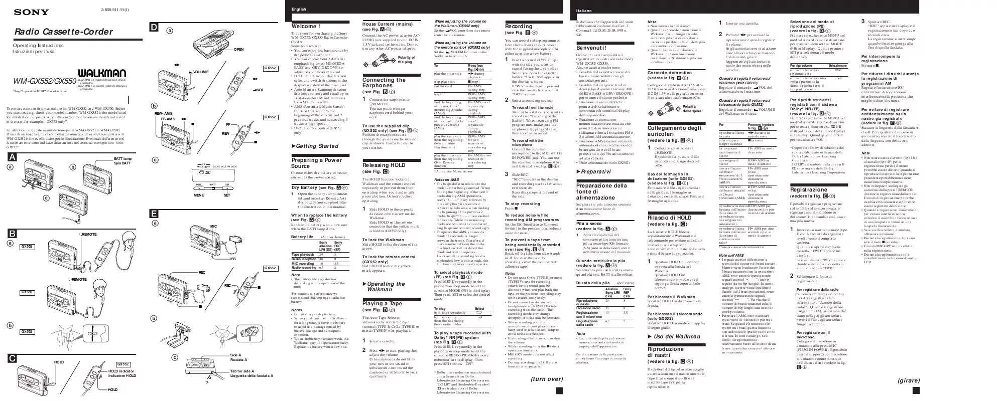 Mode d'emploi SONY WM-GX552