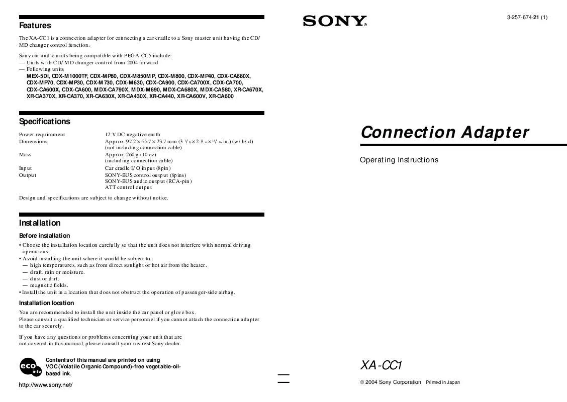 Mode d'emploi SONY XA-CC1