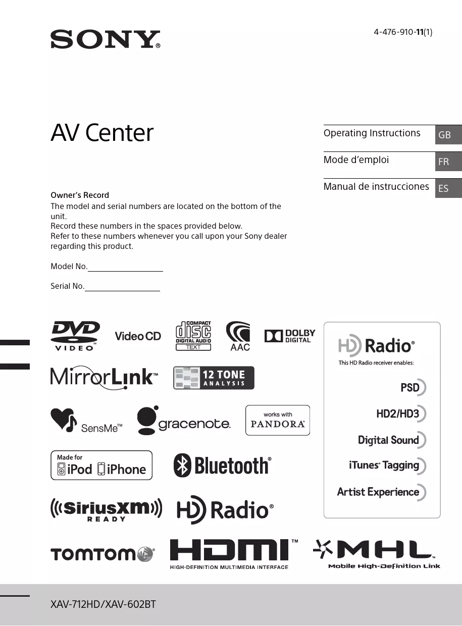 Mode d'emploi SONY XAV-602BT