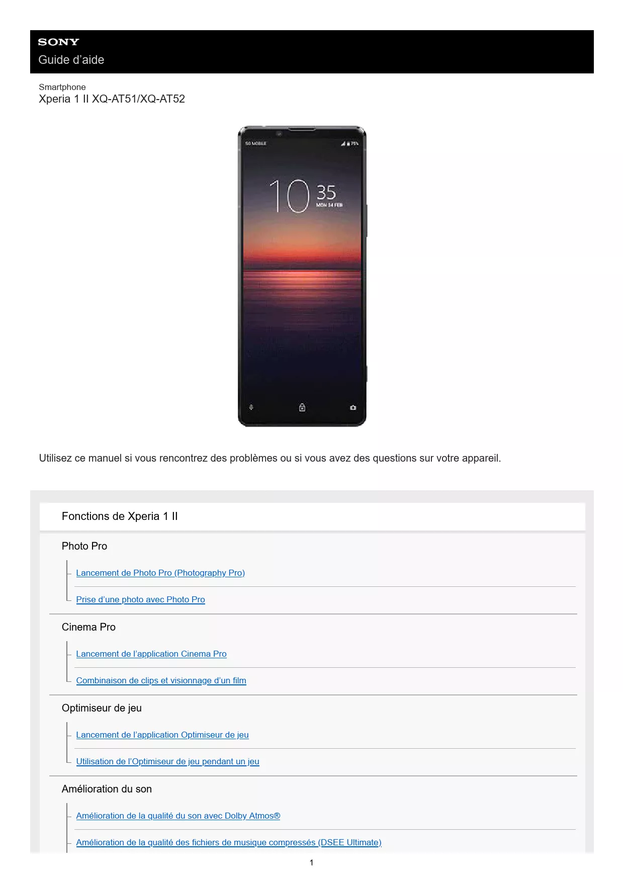 Mode d'emploi SONY XPERIA 1 II