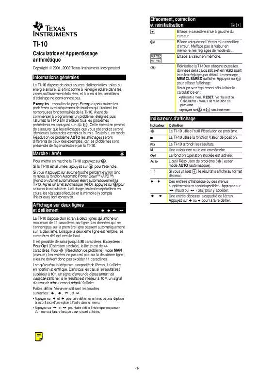 Mode d'emploi TEXAS INSTRUMENTS TI-10