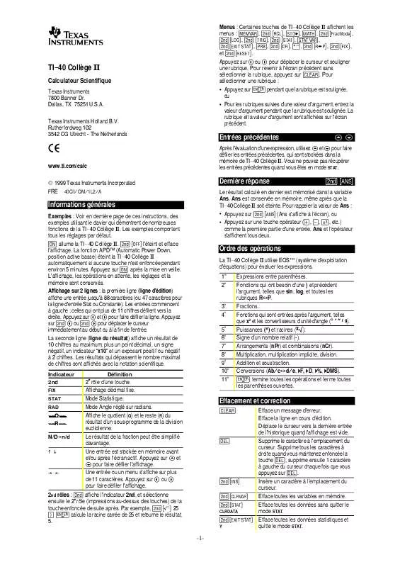 Mode d'emploi TEXAS INSTRUMENTS TI-40 COLLEGE II