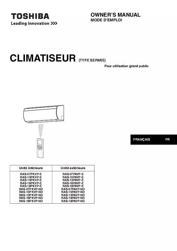 Mode d'emploi TOSHIBA RAS-18PAVP-ND