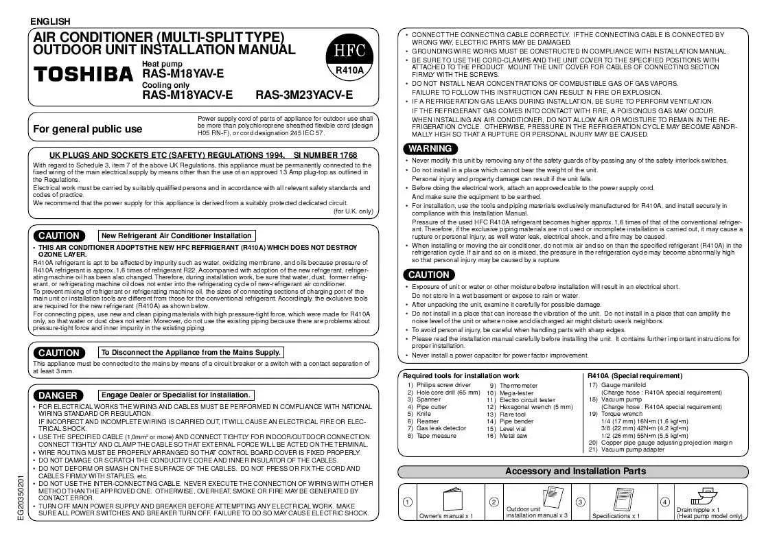 Mode d'emploi TOSHIBA RAS-M18YA-CVE