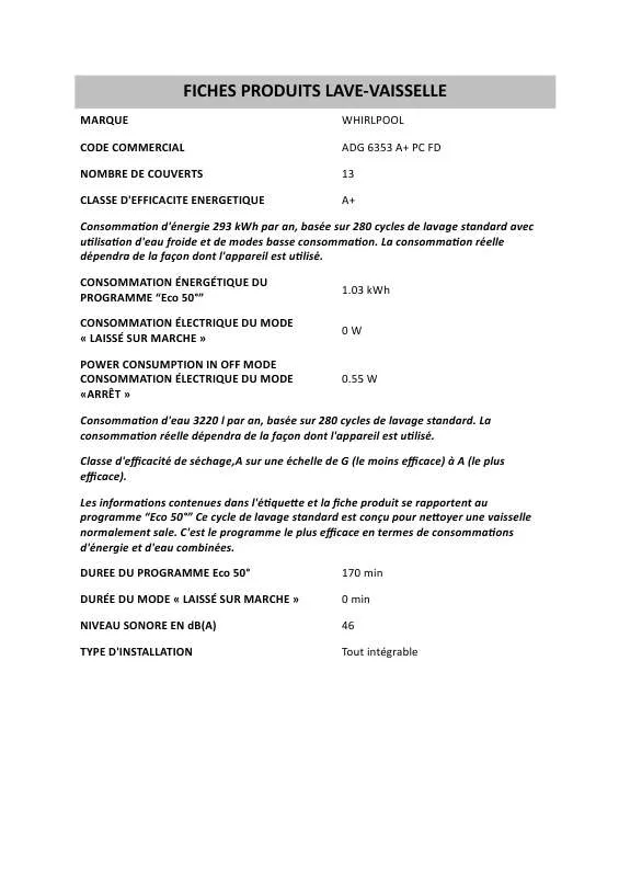 Mode d'emploi WHIRLPOOL ADG 6353 A PC FD