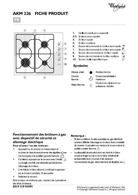 Mode d'emploi WHIRLPOOL AKM 226 IX