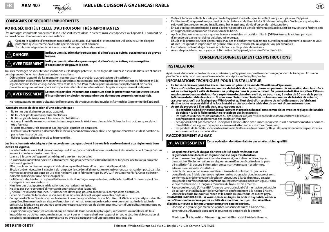 Mode d'emploi WHIRLPOOL AKM 407/WH