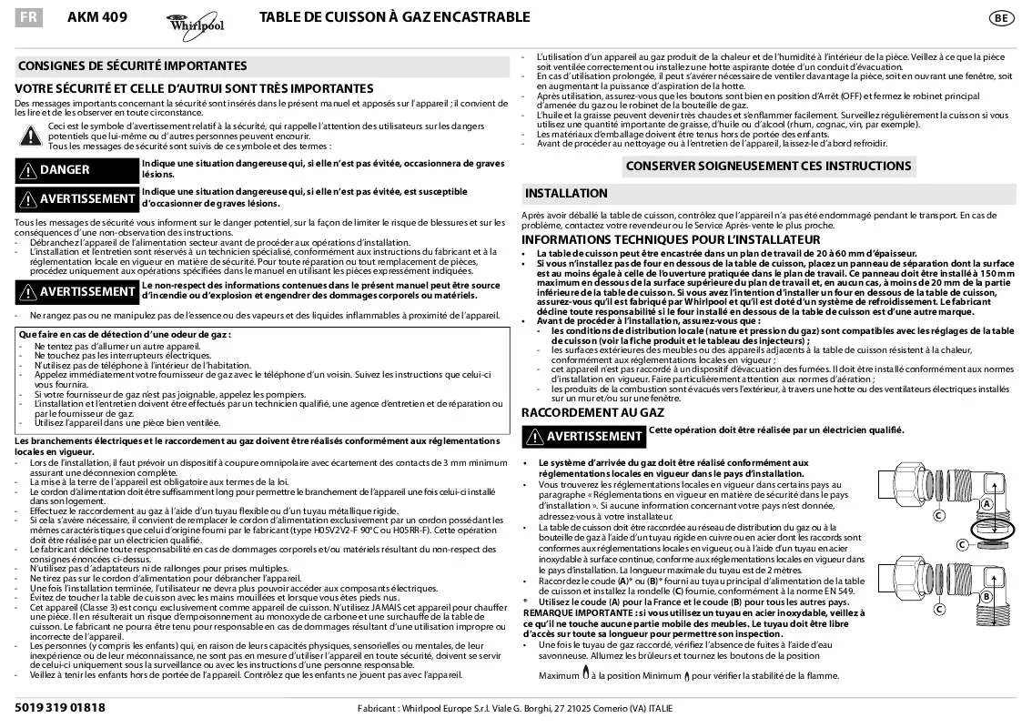 Mode d'emploi WHIRLPOOL AKM 409/NB