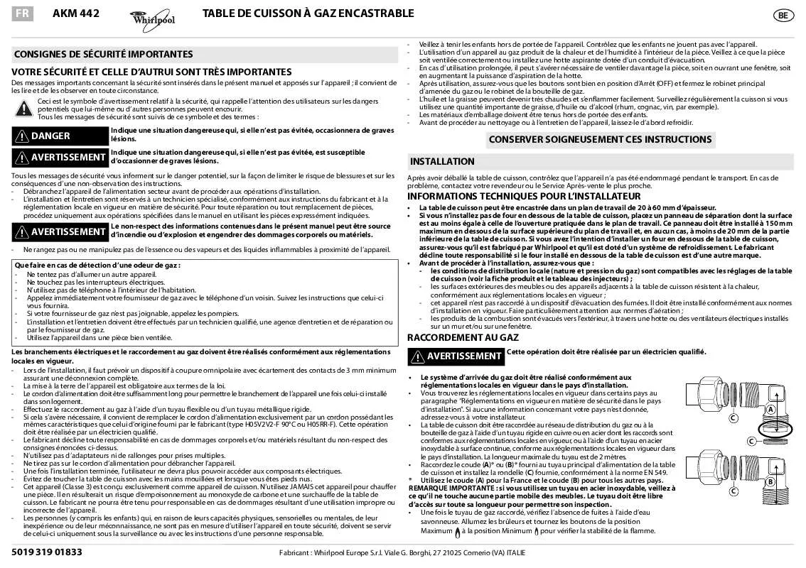 Mode d'emploi WHIRLPOOL AKM 442/NB