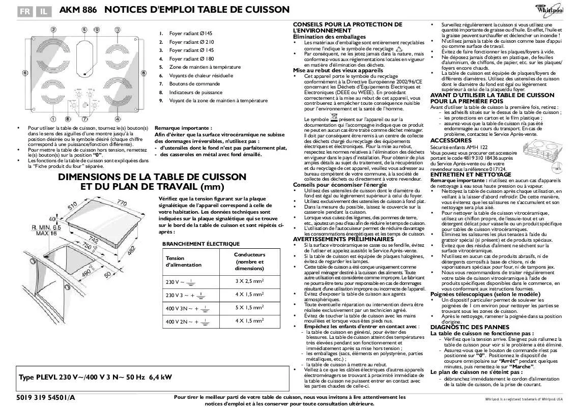 Mode d'emploi WHIRLPOOL AKM 886/IX