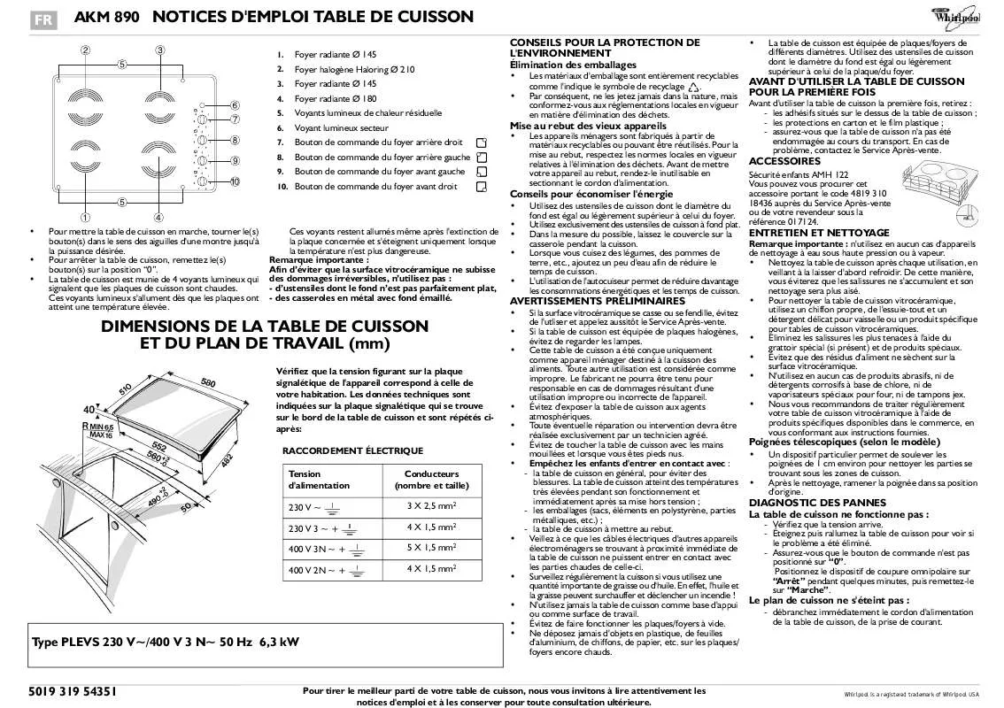 Mode d'emploi WHIRLPOOL AKM 890/NB