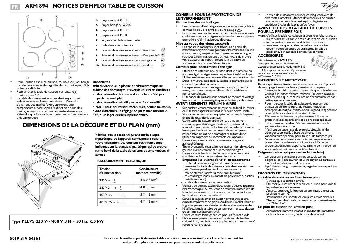 Mode d'emploi WHIRLPOOL AKM 894/NB