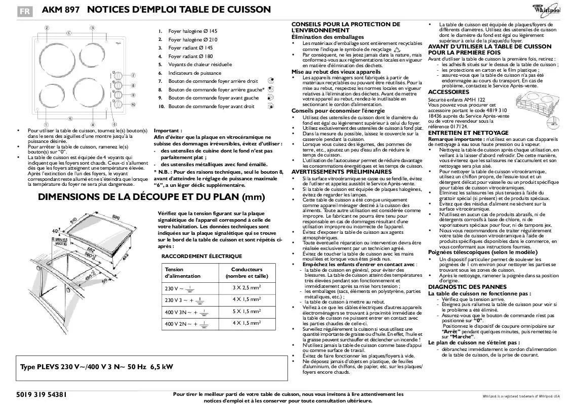 Mode d'emploi WHIRLPOOL AKM 897/NB