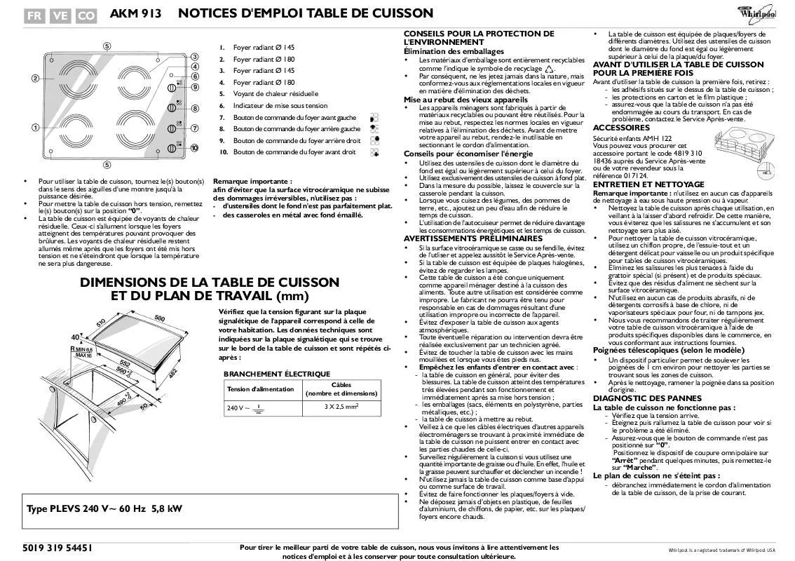 Mode d'emploi WHIRLPOOL AKM 913/NB