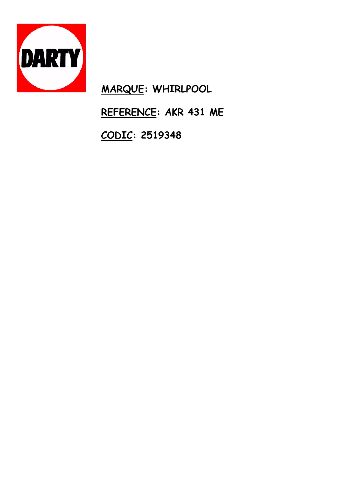 Mode d'emploi WHIRLPOOL AKR 431 ME