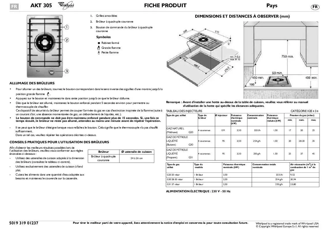 Mode d'emploi WHIRLPOOL AKT 305/IX