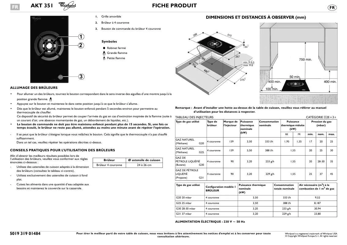 Mode d'emploi WHIRLPOOL AKT 351/IX