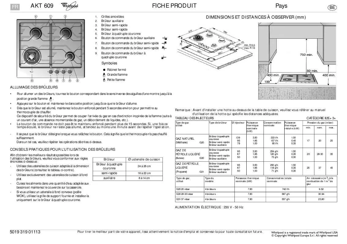 Mode d'emploi WHIRLPOOL AKT 609/IX