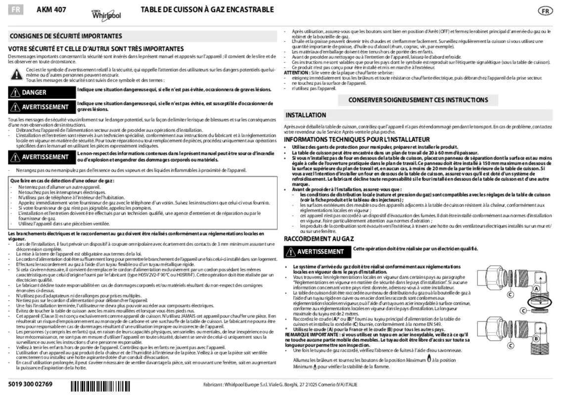 Mode d'emploi WHIRLPOOL AKT2000MR