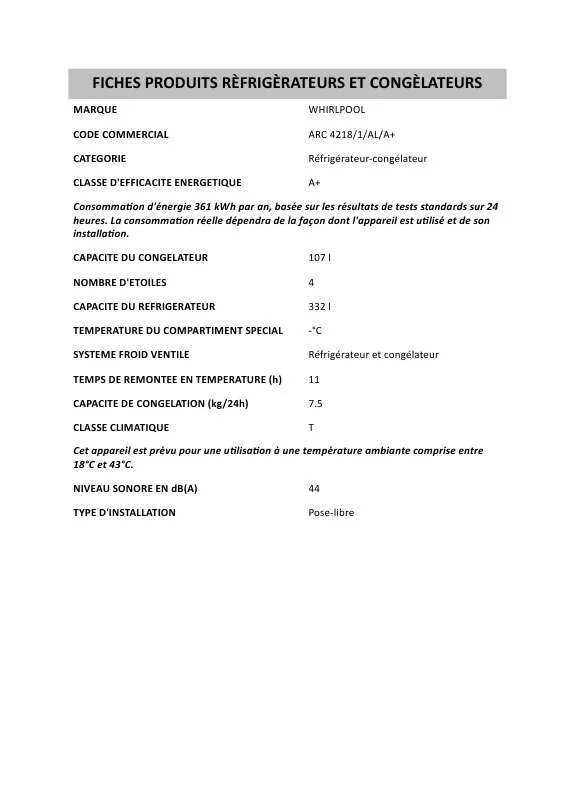 Mode d'emploi WHIRLPOOL ARC 4218/1/AL/A