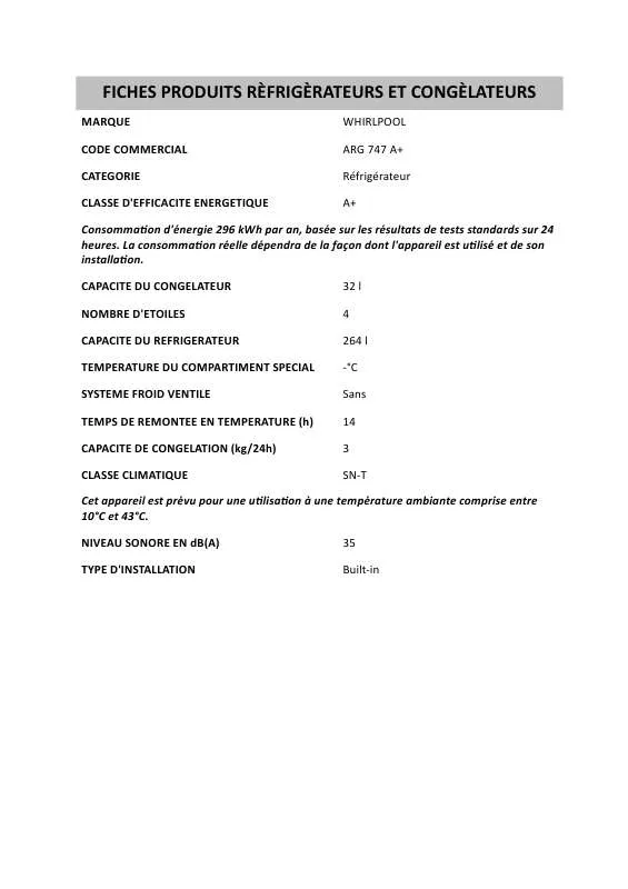 Mode d'emploi WHIRLPOOL ARG 747 A