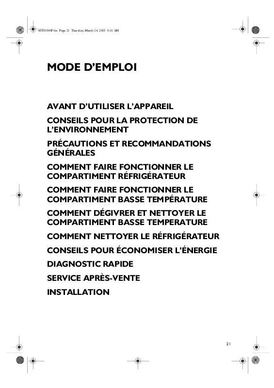 Mode d'emploi WHIRLPOOL ARL 130-A/1