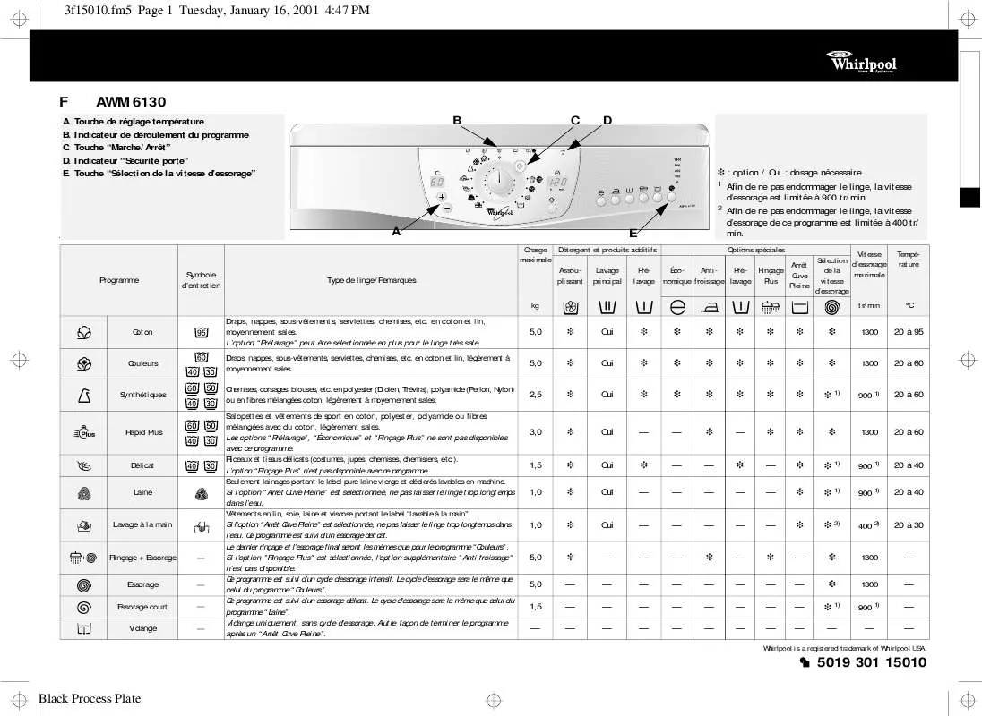 Mode d'emploi WHIRLPOOL AWM 6130