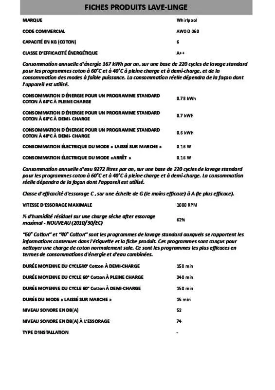 Mode d'emploi WHIRLPOOL AWOD 060