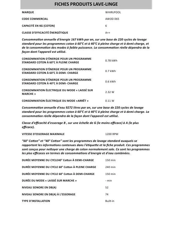 Mode d'emploi WHIRLPOOL AWOD 065