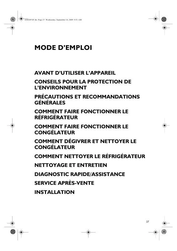 Mode d'emploi WHIRLPOOL DPA 33