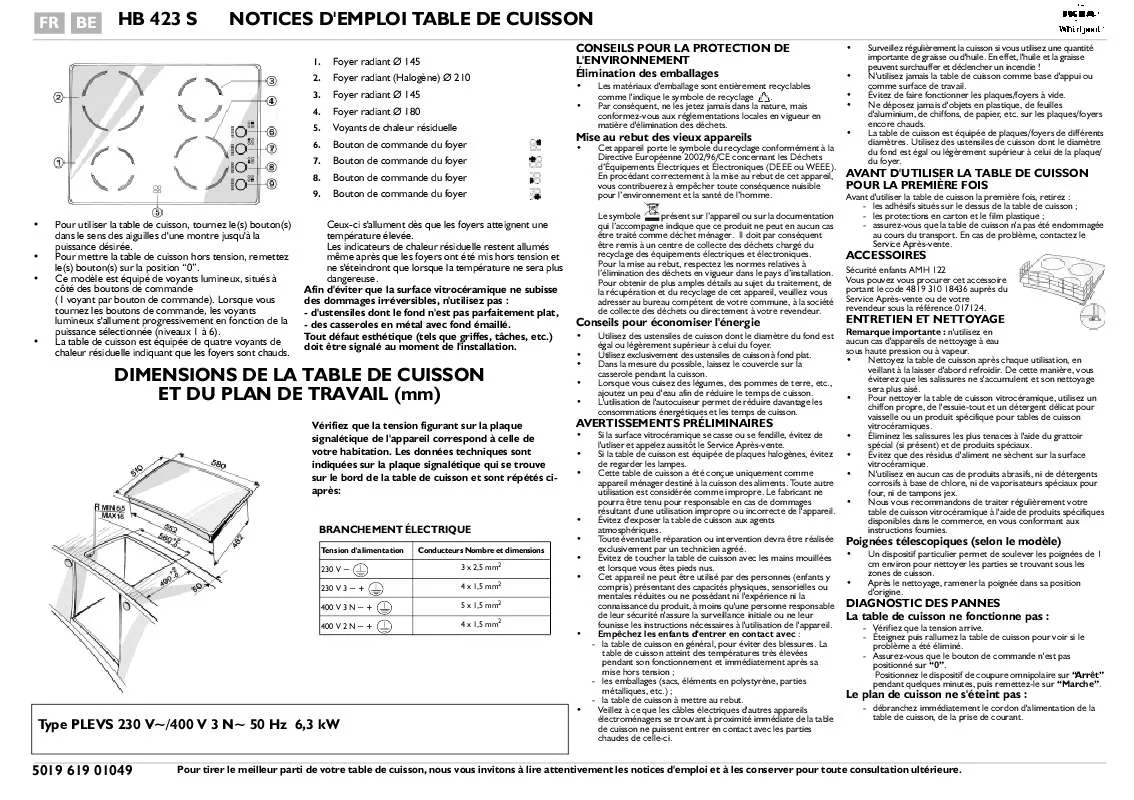 Mode d'emploi WHIRLPOOL HB 423 S