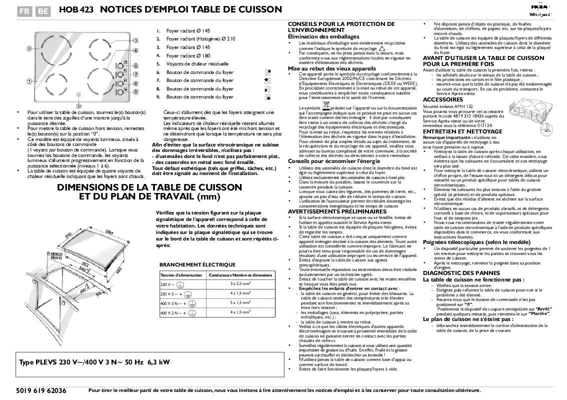 Mode d'emploi WHIRLPOOL HOB 423/S