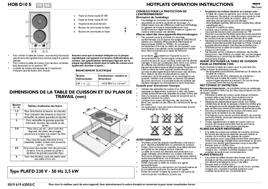 Mode d'emploi WHIRLPOOL HOB D10 S
