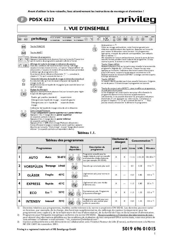 Mode d'emploi WHIRLPOOL PDSX 6232