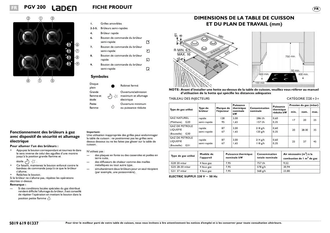 Mode d'emploi WHIRLPOOL PGV 200/NB