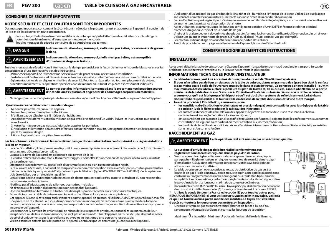 Mode d'emploi WHIRLPOOL PGV 300/NB