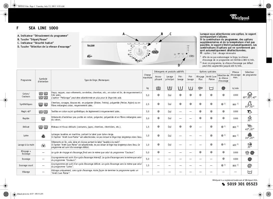 Mode d'emploi WHIRLPOOL SEA LINE 1000