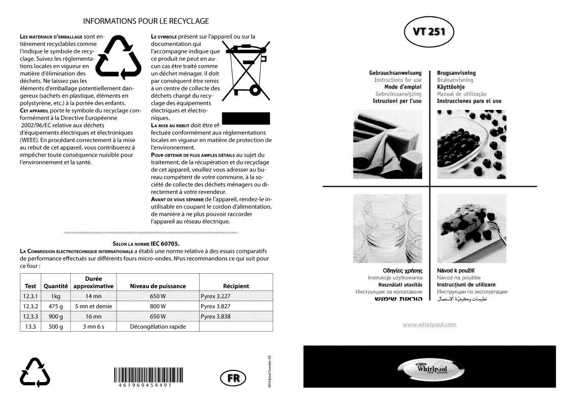 Mode d'emploi WHIRLPOOL VT 251 / WH