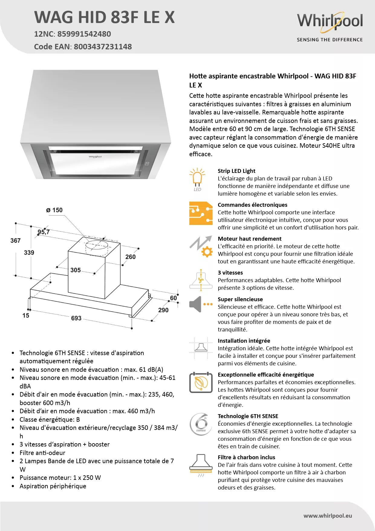 Mode d'emploi WHIRLPOOL WAG HID 83F LE X