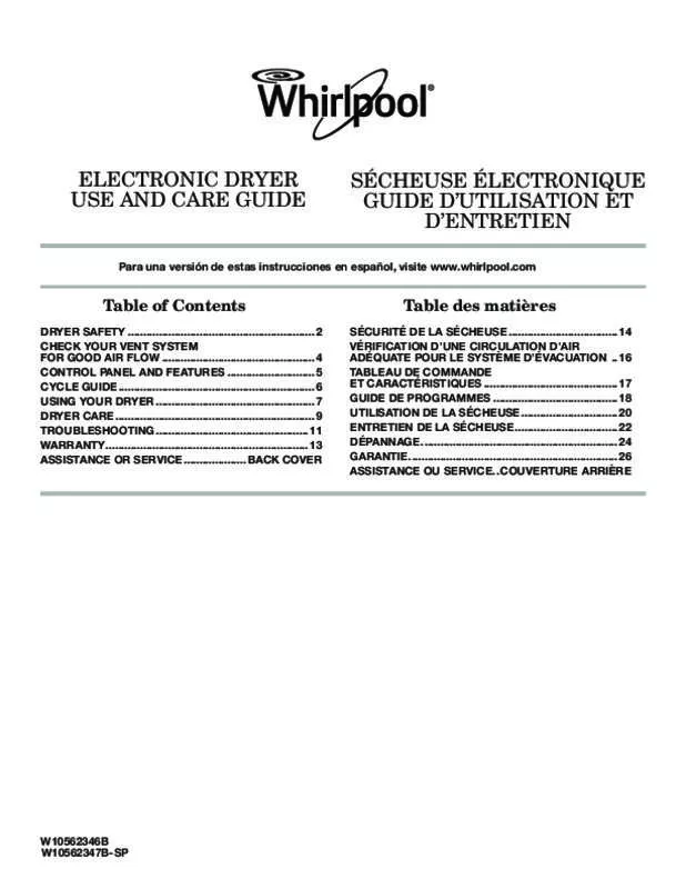 Mode d'emploi WHIRLPOOL WED5500BW