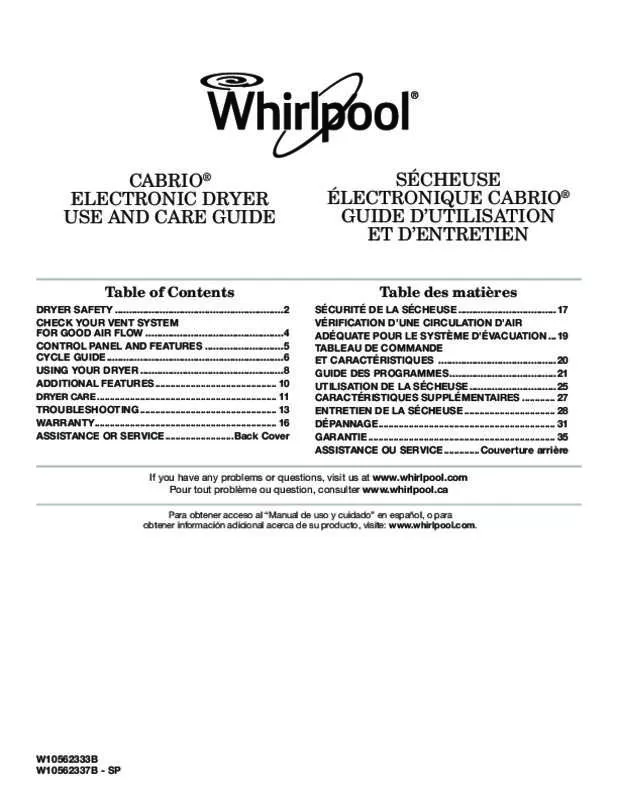 Mode d'emploi WHIRLPOOL WED8100BW