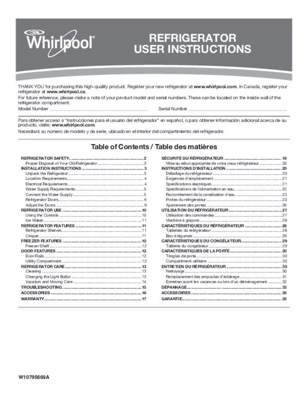 Mode d'emploi WHIRLPOOL WRT348FMEB