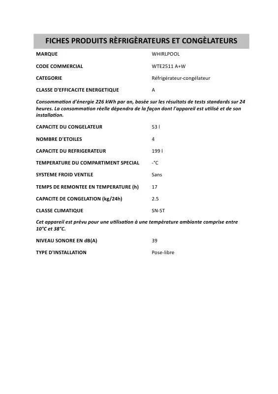 Mode d'emploi WHIRLPOOL WTE2511 A W