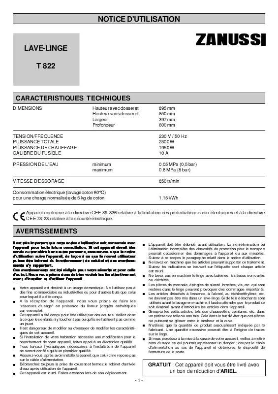 Mode d'emploi ZANUSSI T822